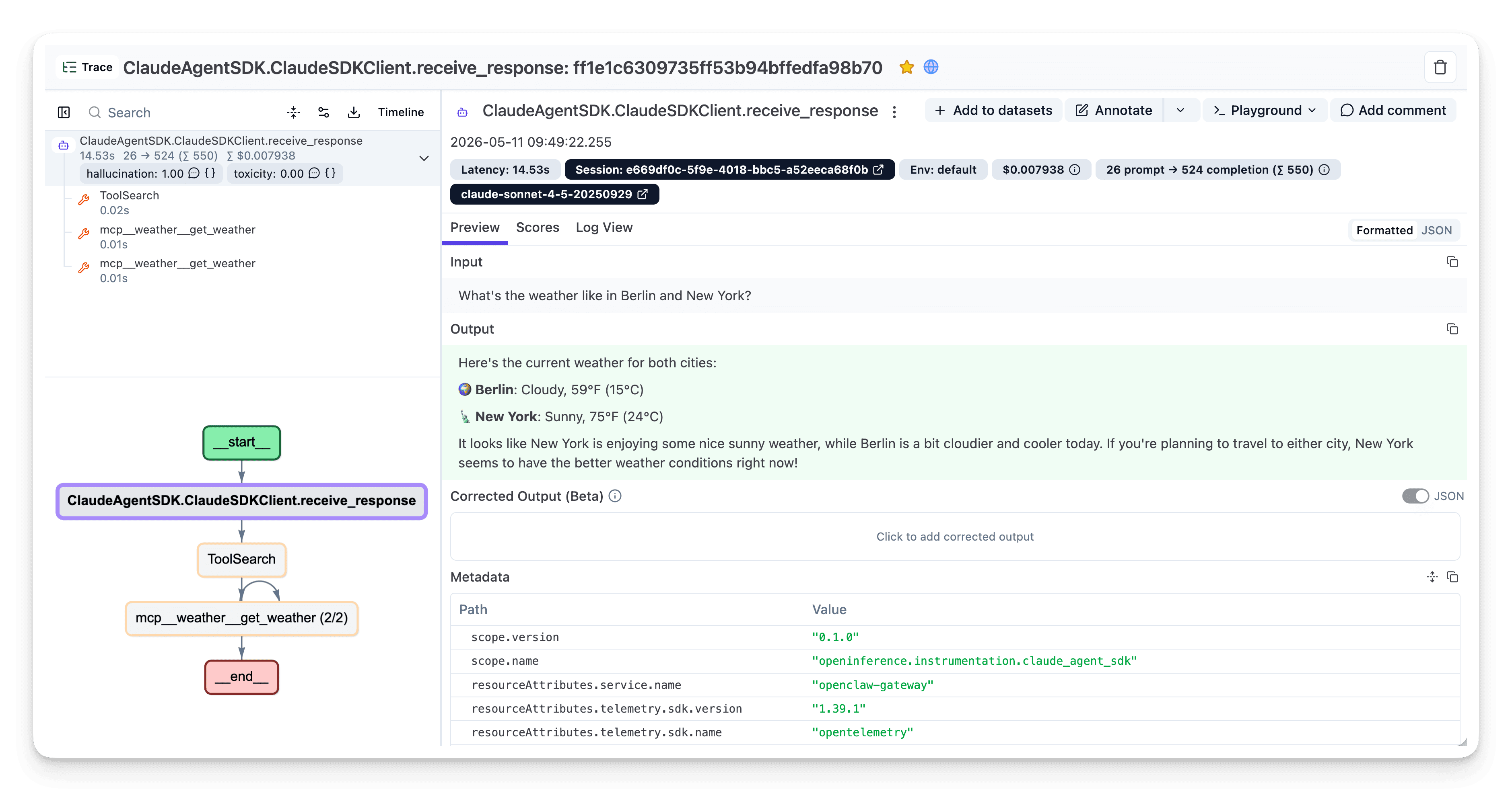 Claude Agent SDK trace visualization in
Langfuse